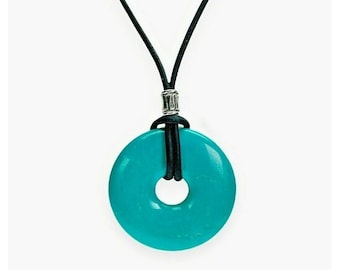 Turquoise Donut Unisex Necklace 35mm Black Leather Cord Stainless Steel Clasp Gemstone Power Necklace Gift for Man or Woman