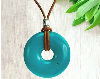 Unisex Turquoise Donut Necklace 40mm Brown Leather Cord Stainless Steel Clasp Mens Gemstone Power Necklace Man Gift