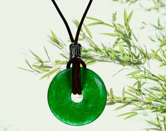 Apple Green Jade Donut Unisex Necklace 25mm Black Leather Cord Good Luck Jewelry Jade Anniversary Gift His and Her Gift