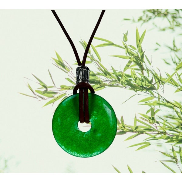 Apple Green Jade Donut Unisex Necklace 25mm Black Leather Cord Good Luck Jewelry Jade Anniversary Gift His and Her Gift