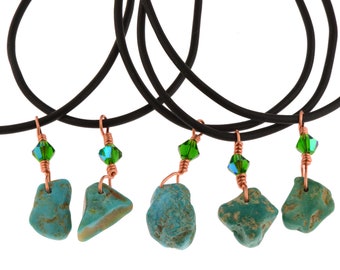 Arizona Kingman Turquoise Pendant Rubber Cord Necklace Unisex Handmade Crystal Jewelry Easy On Over the Head Cord Copper Wire Wrap