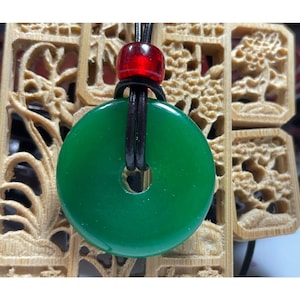 Apple Green Jade Unisex Donut Necklace 30mm Leather Cord Secure Clasp Red Bead Gift for Man or Women