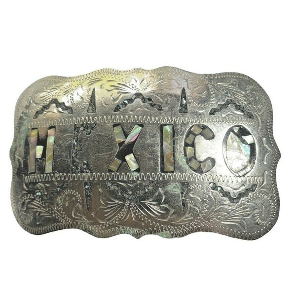 Vintage Mexico Male Belt Buckle Alpaca Silver Inlay Abalone MOP Black Enamel 4”