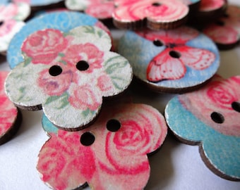 Pink Flower/ Butterfly Wood Buttons 2 Holes Random Color (12 pcs) Set