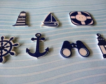 Set (12 pcs) Navy Wooden Buttons ,Lighthouse, sailboat, anchor.