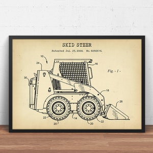 May include: A black and white line drawing of a skid steer loader, a type of compact tractor, with a bucket attachment. The drawing is labelled "SKID STEER" and includes the patent number "6092616".
