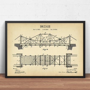 May include: A framed print showing a black and white blueprint of a bridge. The word "BRIDGE" is at the top, with technical details and the date "Dec 5, 1893." The print has a vintage aesthetic, with a cream-colored background.