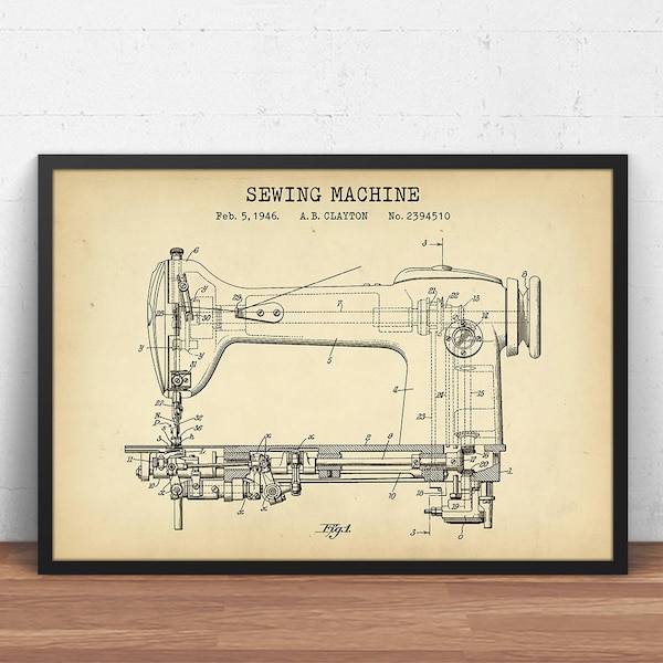 Sewing Machine 1946 Patent Print,  Sewing Room Decor, Craft Room Wall Art Poster, Tailor Gifts Sewing Machine Blueprint Art