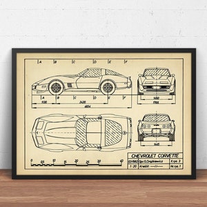 Chevrolet Corvette Poster Print, 1982 Corvette C3, Chevy Blueprint Art, Racing Car, Boys Room Wall Art, Corvette Car, Man Cave Decor