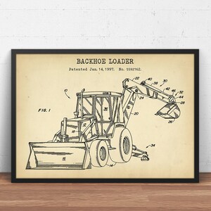 Backhoe Loader Patent Print,  Earth Mover Blueprint Art, Construction Worker Gifts Builder Civil Engineer Office Wall Decor