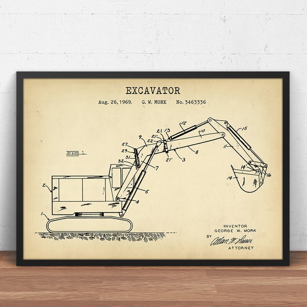 Excavator Patent Print, Earth Mover Blueprint,  Heavy Equipment, Boys Room Decor, Engineer Gifts, Architect Office Wall Art