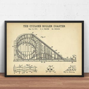 The Cyclone Roller Coaster Blueprint Art,  Roller Coaster Amusement Ride Patent Poster, Theme Park Decor, Children Gifts