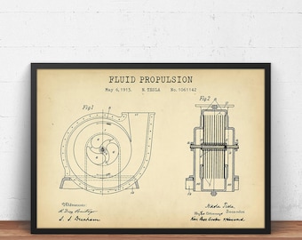 Stampa brevetto propulsione fluida, stampa poster Nikola Telsa, decorazione artistica da parete per scienze fisiche, regali di ingegneria, fisica