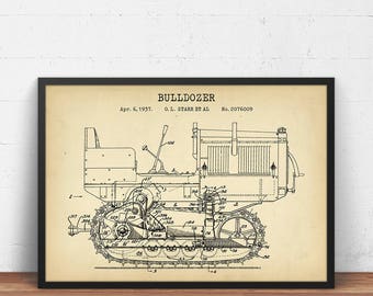 Bulldozer 1937 Patent Print,  Caterpillar Vehicle Blueprint Art, Earth Mover Decor, Heavy Equipment Poster, Wall Art Decor
