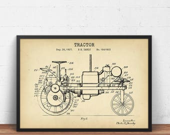 Tractor 1927 Patent Print,  Tractor Design Blueprint, Farming Poster, Ranch Decor, Harvester Tractor, Agriculture Wall Art