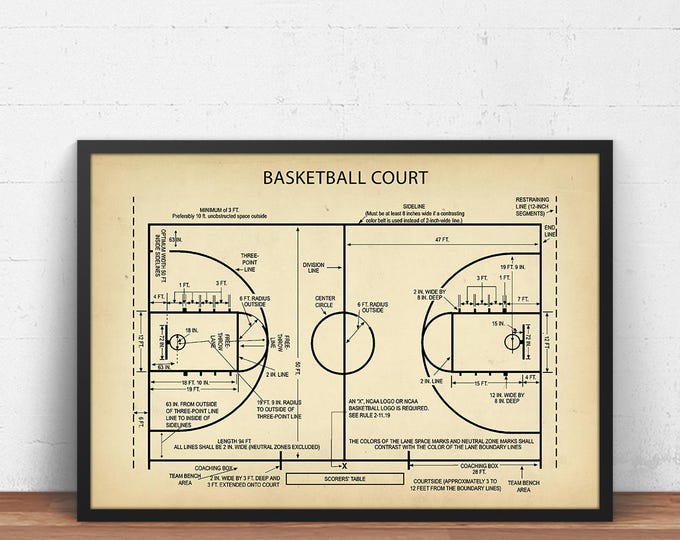 Plan d'art du terrain de basket-ball, impression d'affiche de basket-ball, cadeaux basket-ball, décoration de chambre de garçon, art mural sport, art du terrain