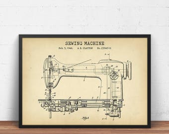 Reproduction d'un brevet de machine à coudre de 1946, décoration d'atelier de couture, affiche murale pour atelier de loisirs créatifs, cadeau pour tailleur, illustration de machine à coudre