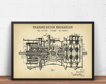 Henry Ford Transmission Patent Print,  Transmission Blueprint Art, Ford Invention Prints, Garage Decor, Automobile Wall Art