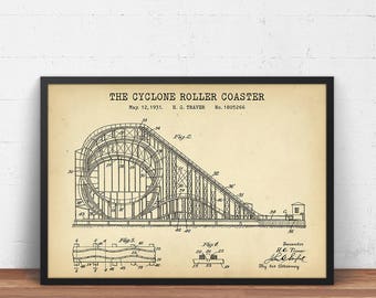 The Cyclone Roller Coaster Blueprint Art,  Roller Coaster Amusement Ride Patent Poster, Theme Park Decor, Children Gifts