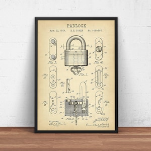 Hangslot 1924 Patent Print, Master Lock, Hangslot Blauwdruk, Slotenmaker Gift, Decor van het huis, Office Wall Art, Key Lock Poster