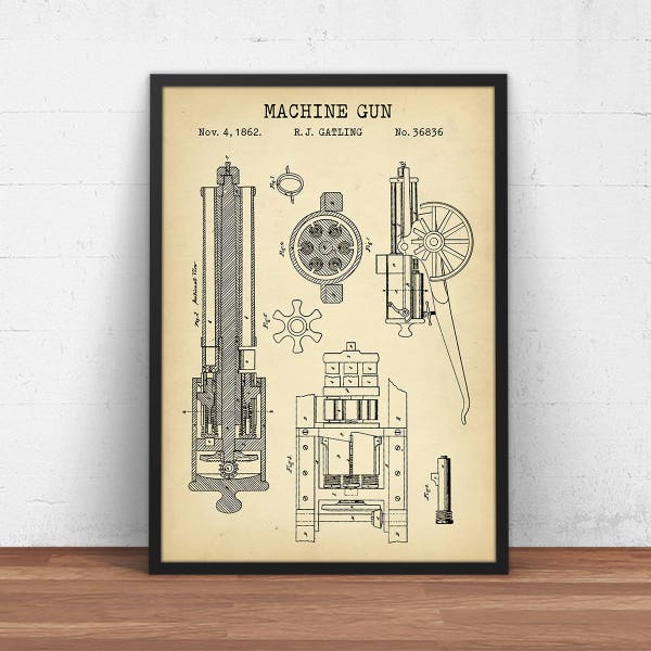 Gatling Machine Gun 1862 Patent Print,  Gun Wall Art, Gun Lover Gift, Civil War Decor, Firearm Blueprint, Warfare Poster