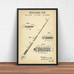 Billiard Cue Blueprint Art,  Patent Prints, Cue Design, Pool Room Decor, Snooker Wall Art, Billiards Sign, Pool Hall Art