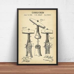 Wine Art, Corkscrew Patent Poster,  Wine Poster Print, Pub Decor, Bar Wall Art, Kitchen Decor, Wine Blueprint Art Winery