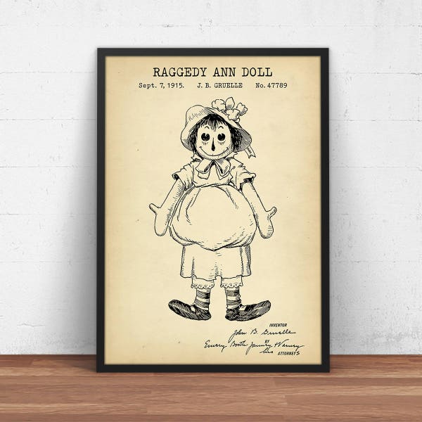 Raggedy Ann Doll  Patent,  Vintage Doll Blueprint, Kids Room Decor, Gift Idea, Raggedy Ann and Andy Dolls Design Poster