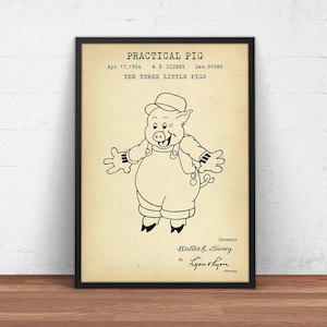 Cerdo práctico, Los tres cerditos, Personaje de dibujos animados - 1/3, Cuento de hadas de Disney, Animal divertido, Arte de la pared de la habitación de los niños, Regalos para niños, Arte del cerdo