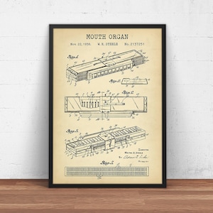 Mouth Organ Patent Print, Country Jazz Poster, Harmonica Design Blueprint, Musician Gifts, Music Room Decor, Musical Instrument Wall Art