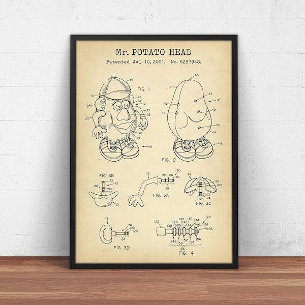 Mr Potato Head Patent Print,  Toy Story Wall Art, Mr Potato Head Toy Design Blueprint Poster, Kids Room & Nursery Decor