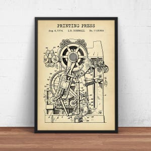 Printing Press 1914 Patent Print,  Office Wall Art, Steampunk Art, Printing House Decor, Writers Journalist Gifts, Printer