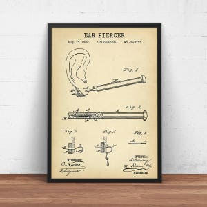 Ear Piercer 1882 Patent Print,  Body Art, Tattoo Shop Decor, Body Piercing Art, Piercing Shop Wall Art, Salon Decor, Poster