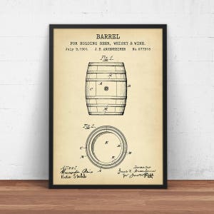 Barrel Blueprint Patent Art,  Beer Whiskey Rum Brandy Liquor Alcohol Spirits Beverages Oil Wine Barrel Kitchen Pub Bar Decor
