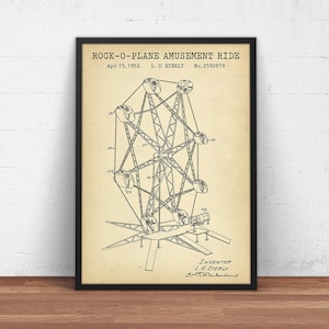 Rock-O-Plane Amusement Ride Patent Print, Rock O Plane Blueprint Art, Poster Print, Children Gifts, Ferris Wheel Art, Wall Art Decor