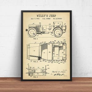 Willys Jeep 1942 Patent Print,  Jeep Blueprint Art, Automobile Prints, Garage Wall Art, Man Cave Decor, Army Vehicle Poster