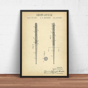 Schlagzeug Patent Print, Drumstick Blueprint Trommelstöcke, Schlagzeuger Dekor Idee, Wand Kunst, Perkussions Instrumente Poster