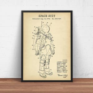 May include: A black and white line drawing of a space suit patent. The patent is titled "Space Suit" and was patented on August 14, 1973. The patent number is 3751727. The drawing shows a detailed view of the space suit, with various parts labeled with numbers.