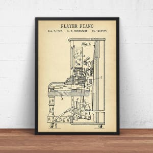 Player Piano Patent Print,  Goldspink Piano Poster, Music Wall Art, Music Decor, Piano Gifts, Music Room Musician Gift Idea