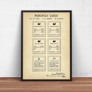 Monopoly Cards Patent Print,  Vintage Board Game, Monopoly Poster, Monopoly Enthusiasts Gift, Blueprint Art, Wall Art Decor