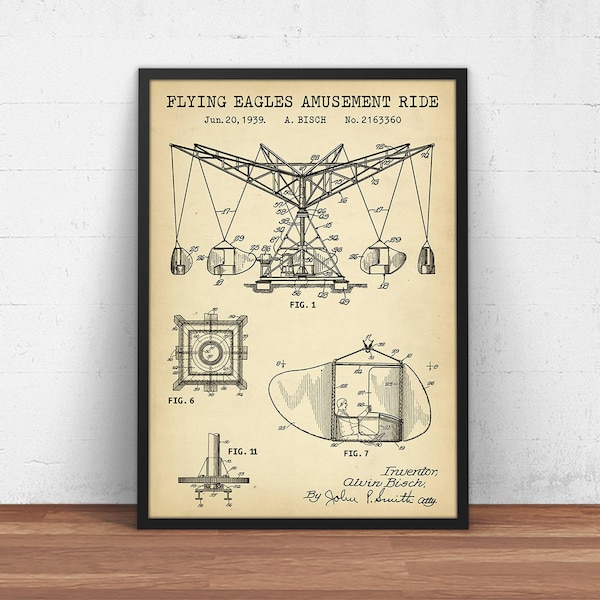 Flying Eagles Amusement Ride, Kings Dominion Flying Scooter Patent Print, Blueprint Art Poster Print, Children Gifts, Theme park Decor