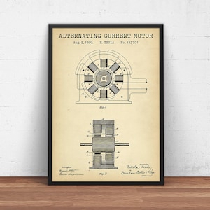 Nikola Tesla Patent Print, Alternieren Strom Motor Blueprint Kunst, Steampunk Dekor, Lernposter Tafel Wandkunst