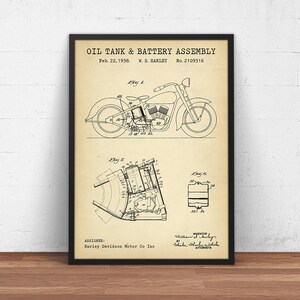 Póster de motocicleta, impresión de patente de ensamblaje de tanque de aceite y batería, piezas de motocicleta Harley Davidson, regalos de motos vintage, decoración de cueva de hombre