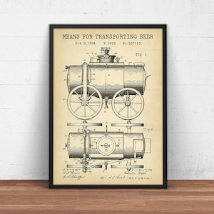 Transport van bierpatentprint, oude bieruitvindingen, bierposterkunst, whiskyvat, biergeschenken, barmankunst, bardecor