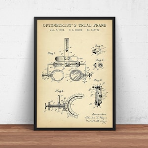 May include: A vintage patent drawing for an optometrist's trial frame, dated January 5, 1904, and titled "Optometrist's Trial Frame". The drawing shows a detailed illustration of the frame with various components and mechanisms.
