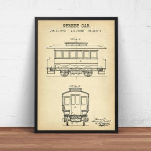 May include: A vintage patent drawing for a street car, dated 21 October 1879, with the title "STREET CAR" and inventor's name "I. S. JUSTH". The drawing shows a side view and a front view of the street car.