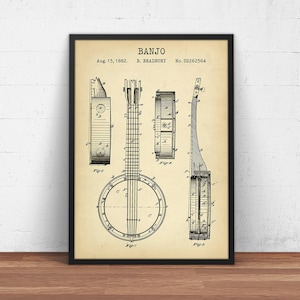 Banjo Patent Print,  Music Room Decor, Music Instrument Blueprint, Music Poster Print Wall Art, Gift for Music Teacher