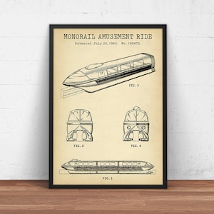 Monorail Ride Patent Print, Disneyland Amusement Ride, Instant Download Blueprint, Disney World Poster Print, Kids Room Wall Art Decor