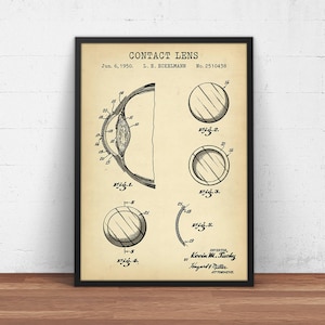 May include: A vintage patent drawing for a contact lens, showing a cross-section of an eye with a lens in place, and various diagrams of the lens itself. The patent is dated 6 June 1950, and was filed by L. B. Eckelmann. The patent number is 2,510,438.
