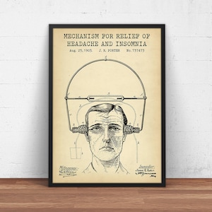 Medical Patent Prints,  Vintage Headache Cure Apparatus, Steampunk Wall Art Poster, Hospital Decor, Medical Student Gift